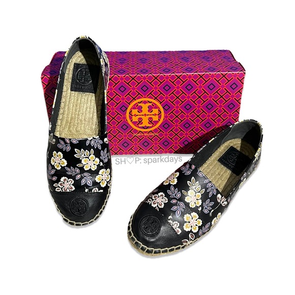Tory Burch Shoes - Tory Burch Black Floral Leather Colorblock Slip On Espadrille Flat | 7